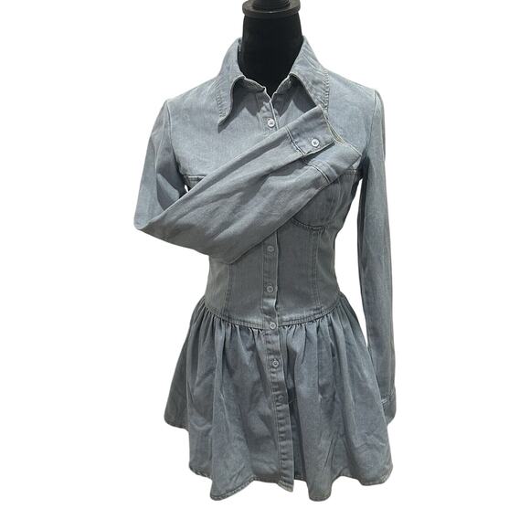 PLT Denim Corset Bustier Mini Dress Size 2 Vintage Wash Long Sleeve Peplum - Picture 3 of 14